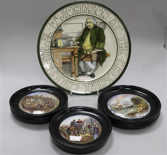 Three F & R Pratt pot lids and a Doulton plate